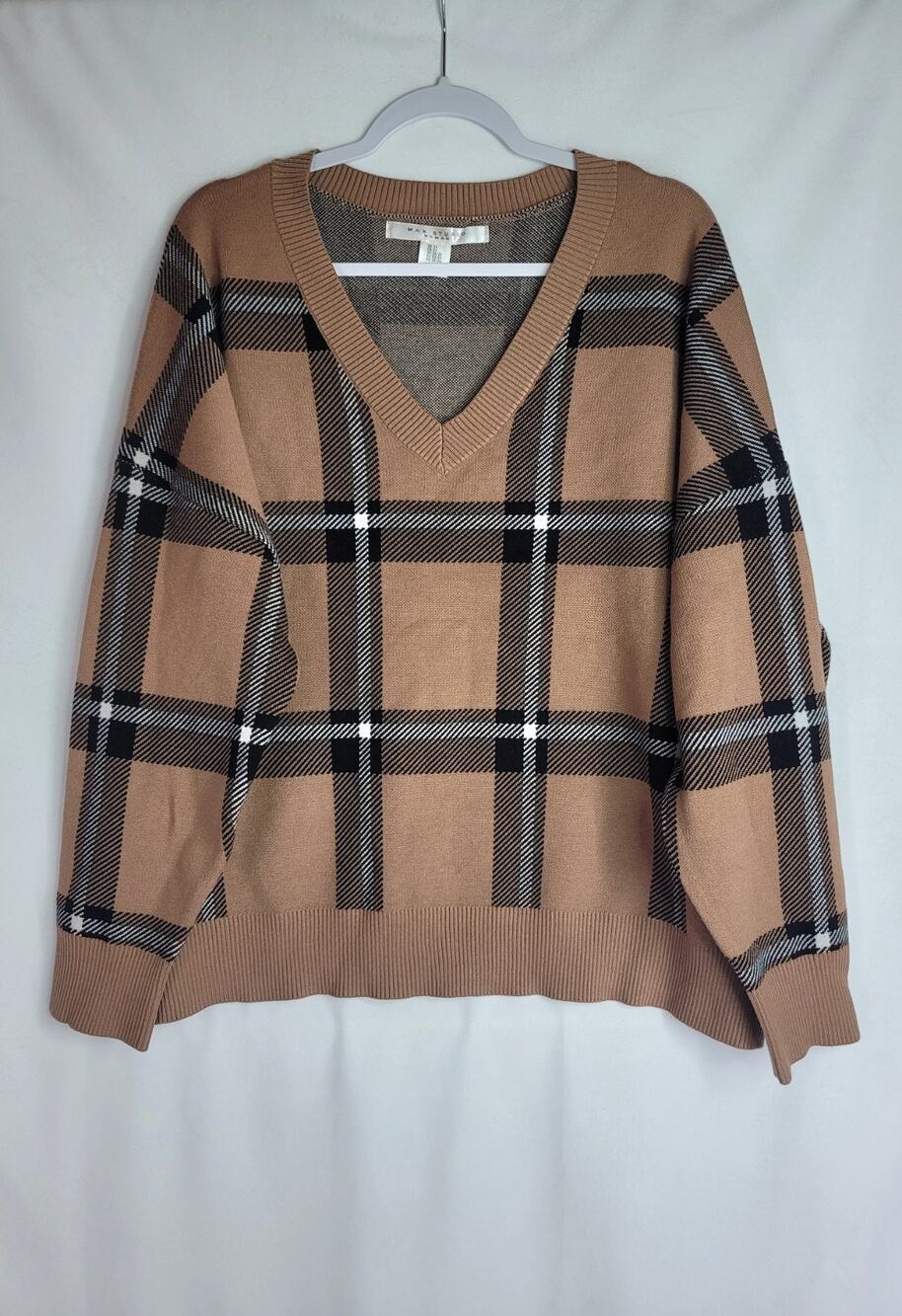 MAX STUDIO WOMAN Brown Plaid V-Neck Long Sleeve Pullover Sweater Plus Size 3X